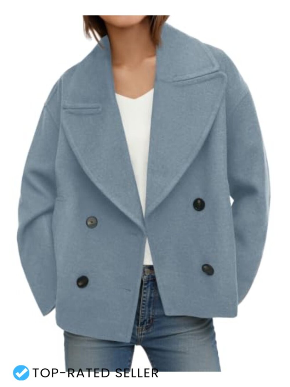 Cropped Wool Blend Pea Coat Notched Lapel Double Breasted Overcoat